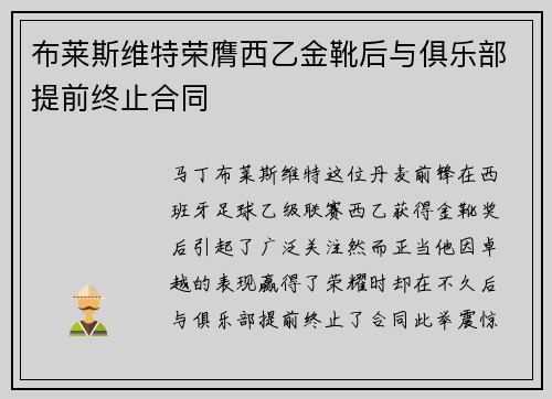 布莱斯维特荣膺西乙金靴后与俱乐部提前终止合同